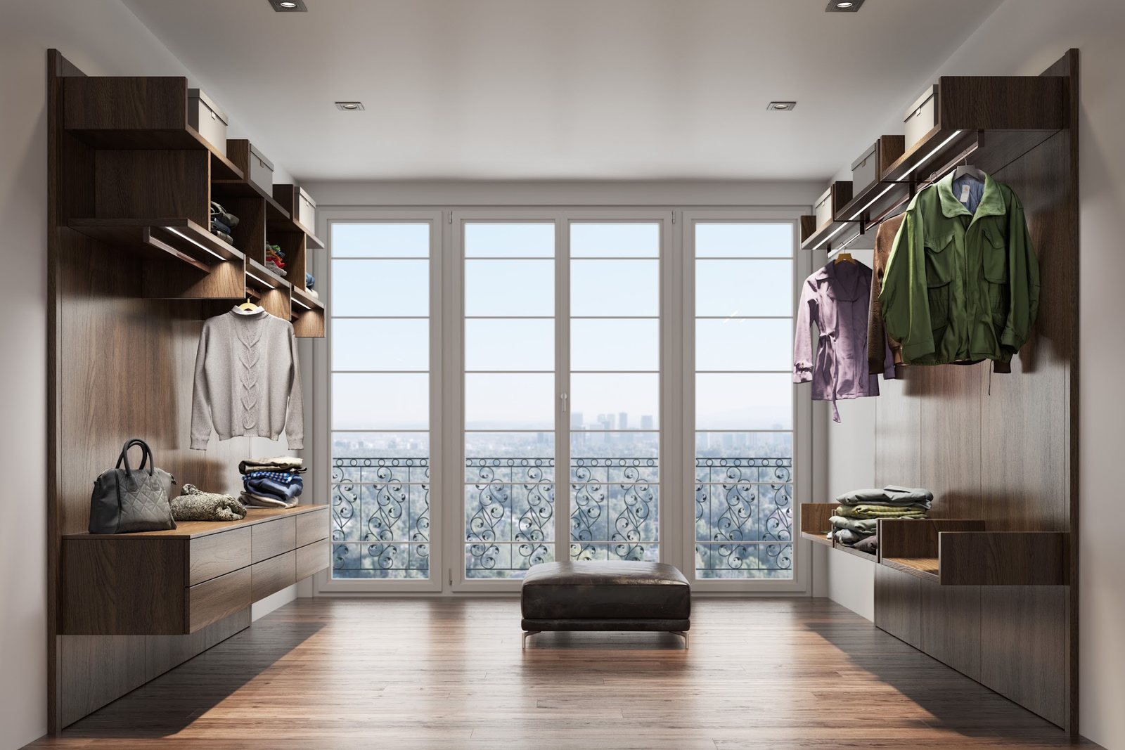 Cabina armadio con vetrata e vista sulla città
