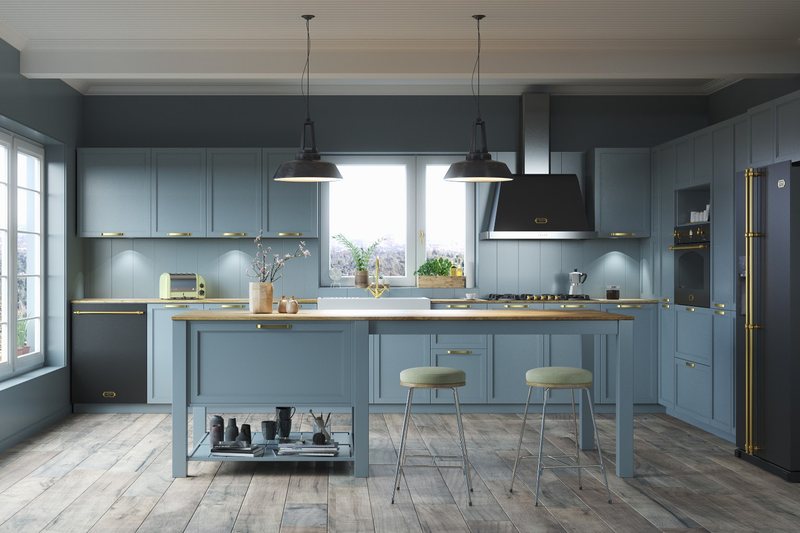 Cucina in blu con isola e piano in legno