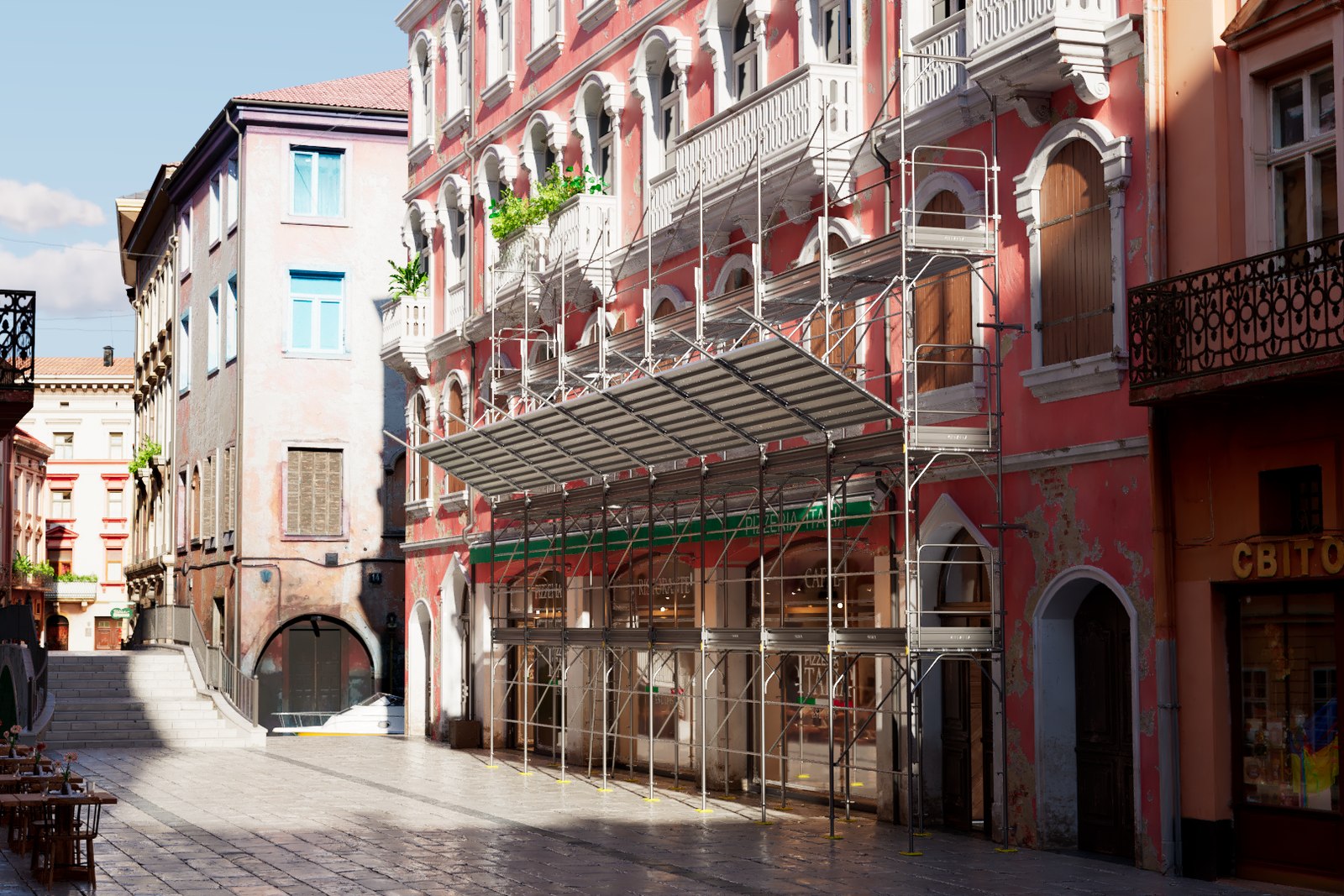 Ponteggio montato sulla facciata di un edificio storico